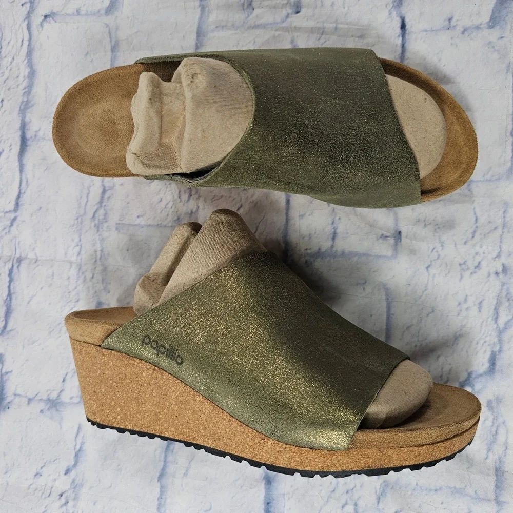 Papillio Birkenstock Namica Wedge Sandals Women 41 US 10 Metallic Olive Green